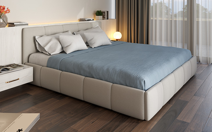 postelja, siva tkanina, mehka in zaobljena